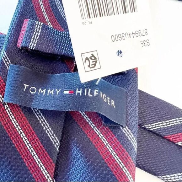 Tommy Hilfiger Navy Red Striped Silk Tie Professional Work Politics Office New - Picture 5 of 7